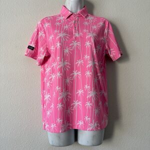 Sunday Swagger Womens Golf Polo Shirt Size L Pink Palm Tree Print Short Sleeve
